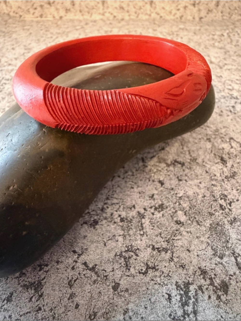 Asian Inspired Red Carved Bangle - Intricate Serpent Design I Vintage Jewelry